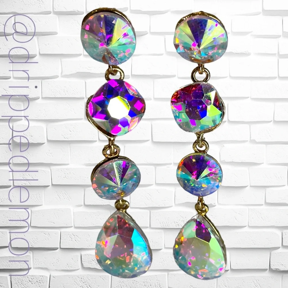 🆕 Glamorous Multicolor Waterdrop Earrings Womens Beauty Pageant Ball Brand New - Picture 3 of 5